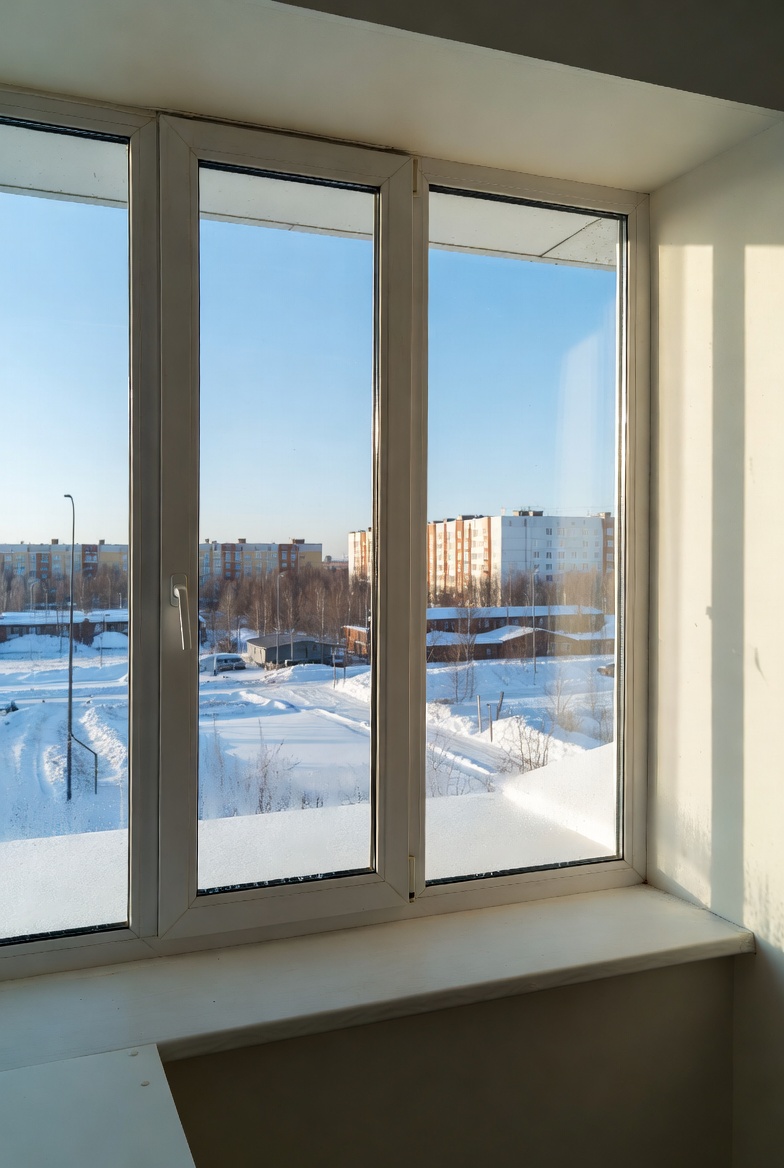 Современные тёплые пластиковые окна в омской квартире зимой при -40 °C